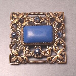 Vintage Czech Glass Brooch Lapis Glass Openwork